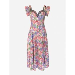 Vintage 80s EXPO Floral Midi Dress Pansy Print Ruffle Sleeve S 8 HOCO Pinup